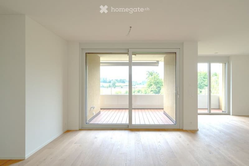 Empty room with light wooden flooring, white walls, and large sliding glass doors leading to a wooden decked balcony area.