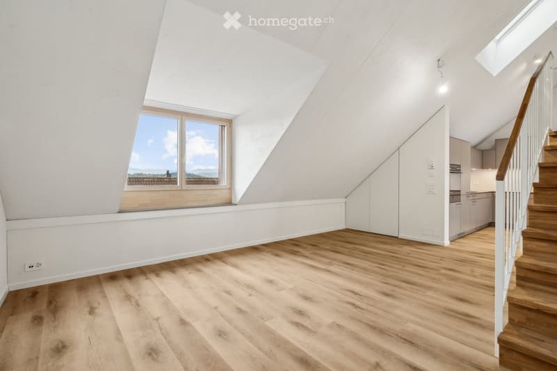 empty room, wooden floor, white walls, window, skylight, wooden stairs