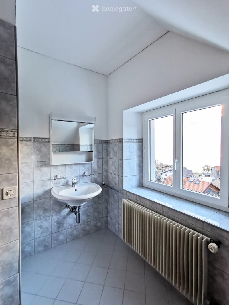 Modern bathroom with a white sink, mirror, radiator, and large window offering a view of the neighborhood.