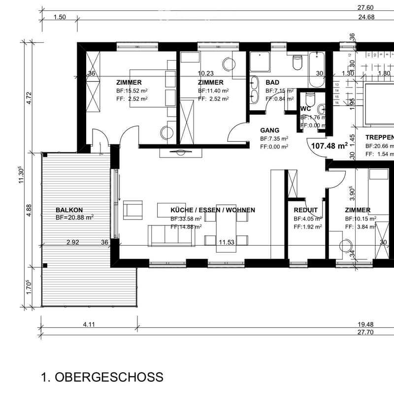 Floor plan of the upper floor showing a kitchen/dining/living area, two bedrooms, a bathroom, a hallway, a staircase, and a balcony.