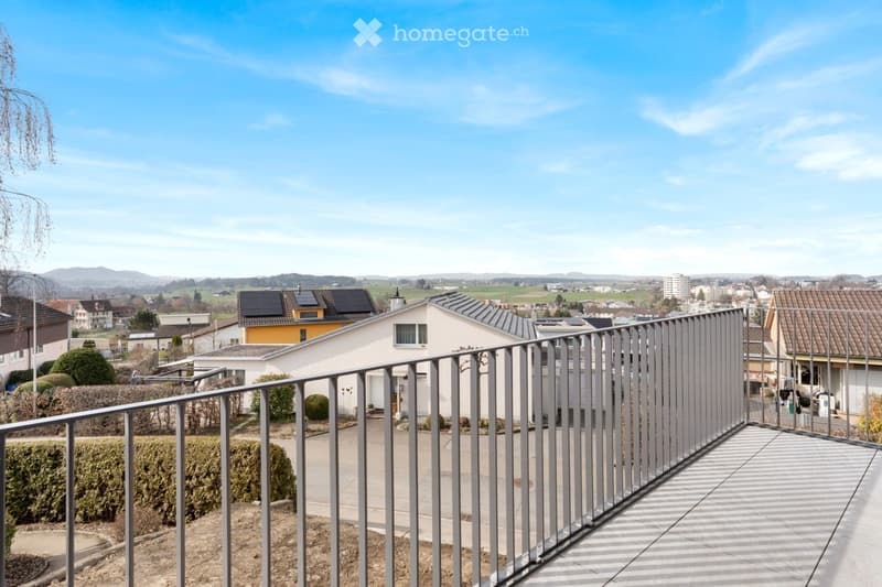 Balcony with metal railing overlooking a suburban neighborhood with houses, greenery, and distant hills under a clear blue sky.