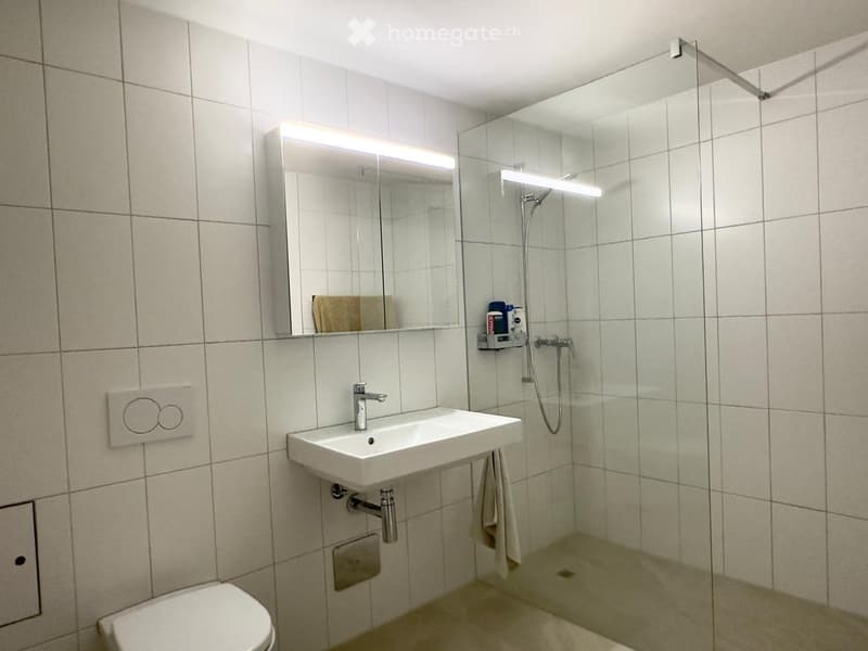 Modern bathroom with white tiles, a toilet, a sink with a mirror, a glass-enclosed shower, and a towel hanging on the wall.