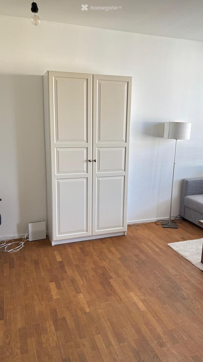 A furnished room with light wooden flooring, a large white wardrobe, a grey sofa, a floor lamp, and a small white rug.