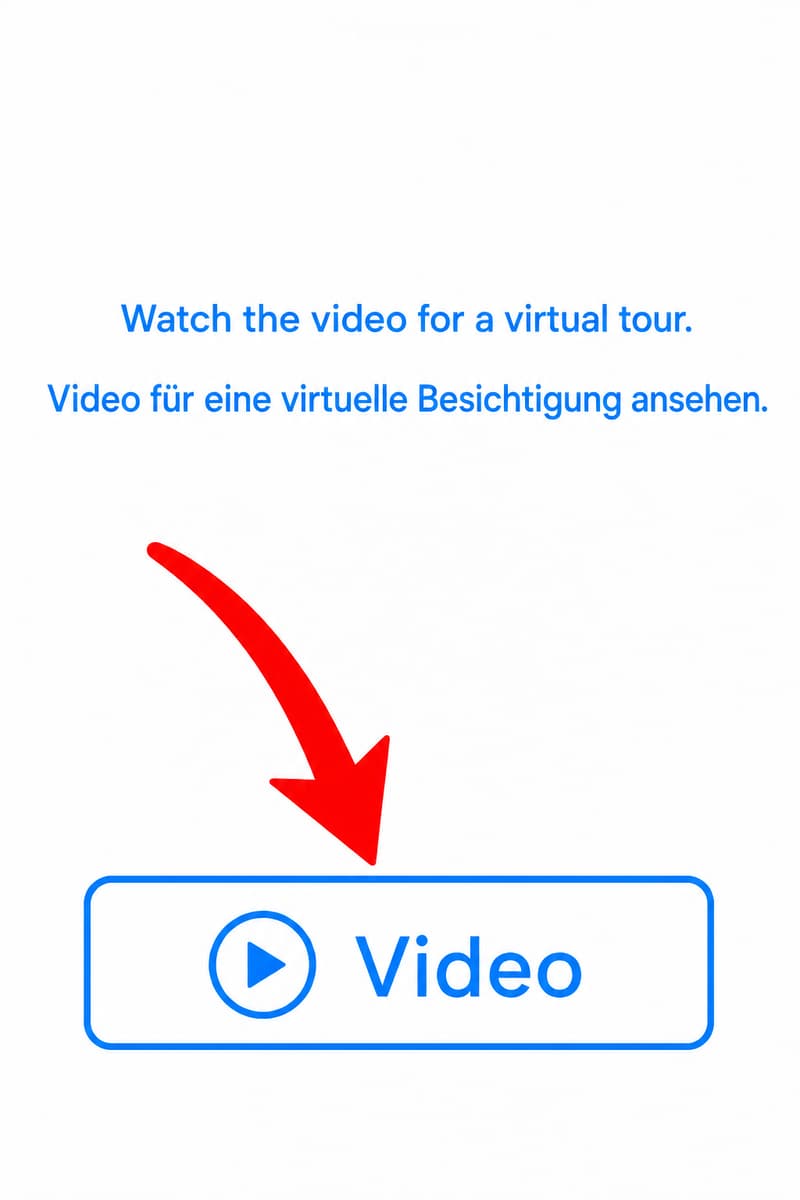 A virtual tour invitation with a large red arrow pointing to a play button labeled "Video" and text in English and German encouraging viewers to watch the video for a virtual tour.