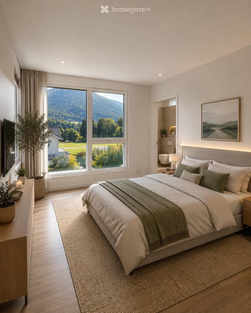 Modern bedroom with large windows offering a scenic mountain view, a neatly made bed with pillows and a blanket, a nightstand with a lamp, a potted plant, and a picture frame on the wall.