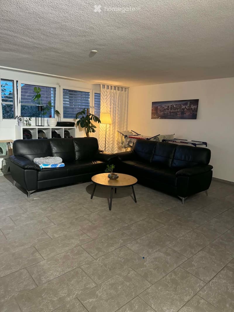 Modern living room with a black leather sofa, coffee table, floor lamp, and large windows with plants on the windowsill.