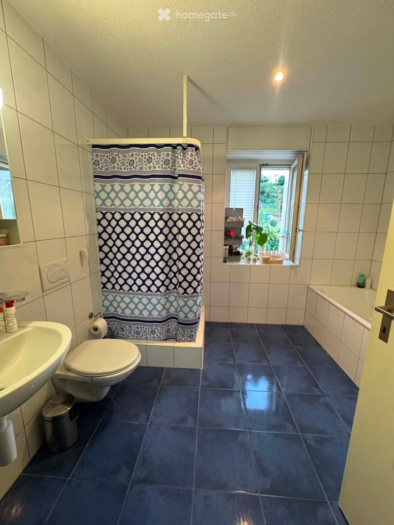 Bathroom with dark blue tiles, white sink, toilet, bathtub, and a window with a view of greenery.