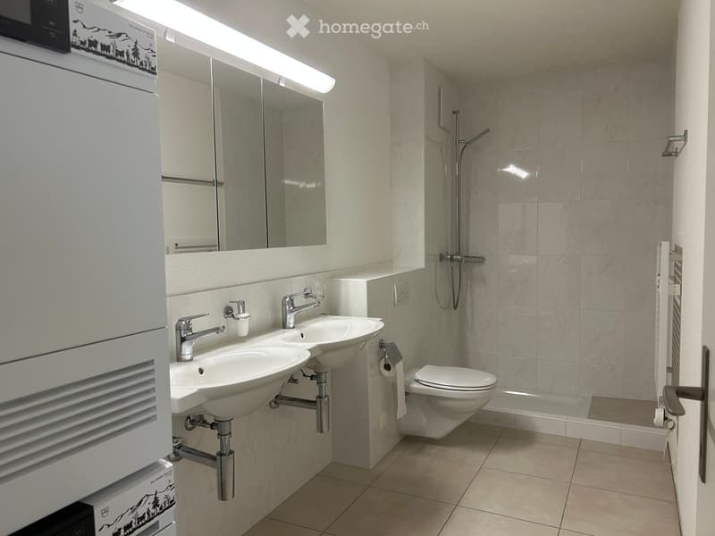 Modern bathroom with double sinks, a toilet, a shower, and a large mirror above the sinks.