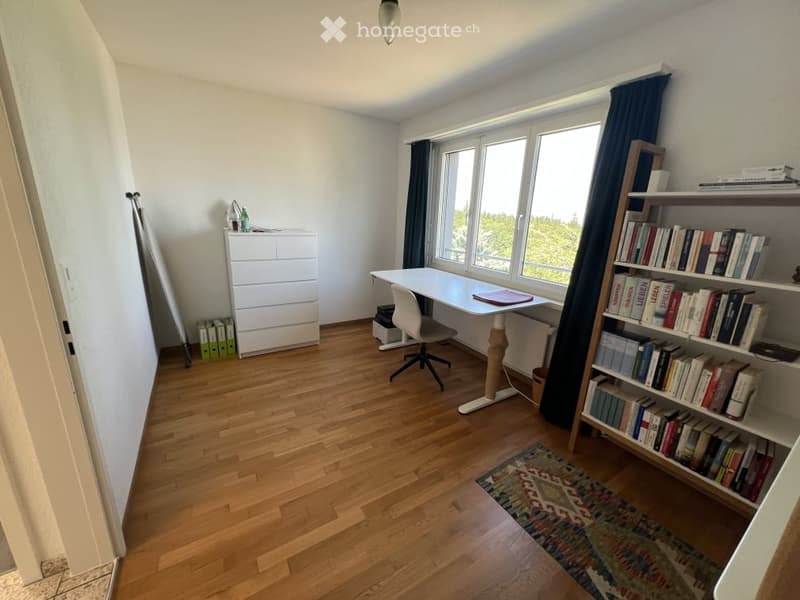 Bright, modern study or home office with wooden flooring, large windows, a desk with a chair, a bookshelf filled with books, a small drawer unit, and a patterned rug.