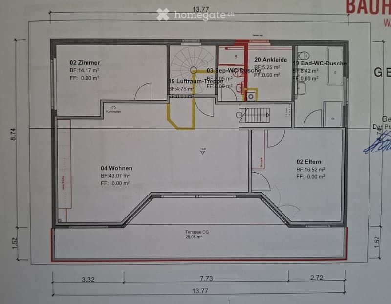 Floor plan of a house with four bedrooms, two bathrooms, a living room, and a terrace.