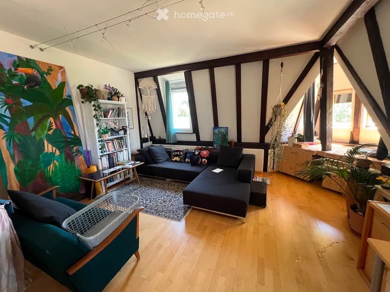 Cozy living room with wooden floors, a black sectional sofa, a green armchair, a coffee table, a bookshelf, and various decorative plants and artwork.