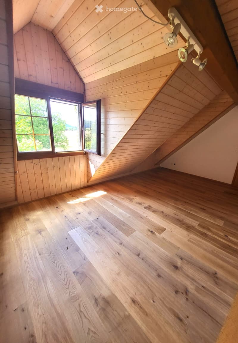 Empty attic space with wooden walls and floor, large skylight window, and exposed wooden beams on the ceiling.