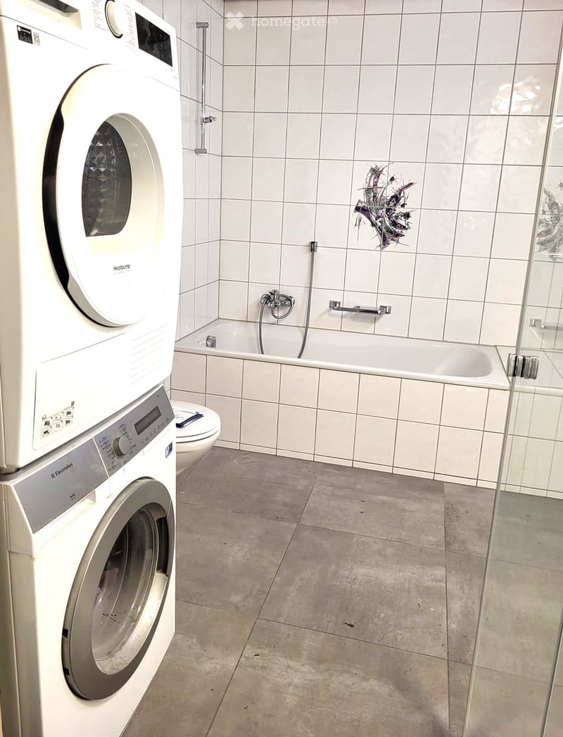 Bathroom with white tiled walls, a bathtub, a toilet, a washing machine, and a glass-enclosed shower area.