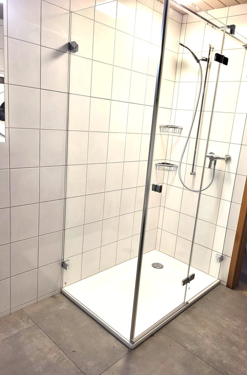 Modern shower stall with glass enclosure, chrome fixtures, and built-in shelves.