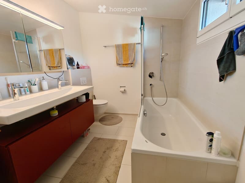 Modern bathroom with a large sink, mirror, toilet, bathtub, and various toiletries. Features include a dark wooden cabinet, towels, and a small rug on the floor.