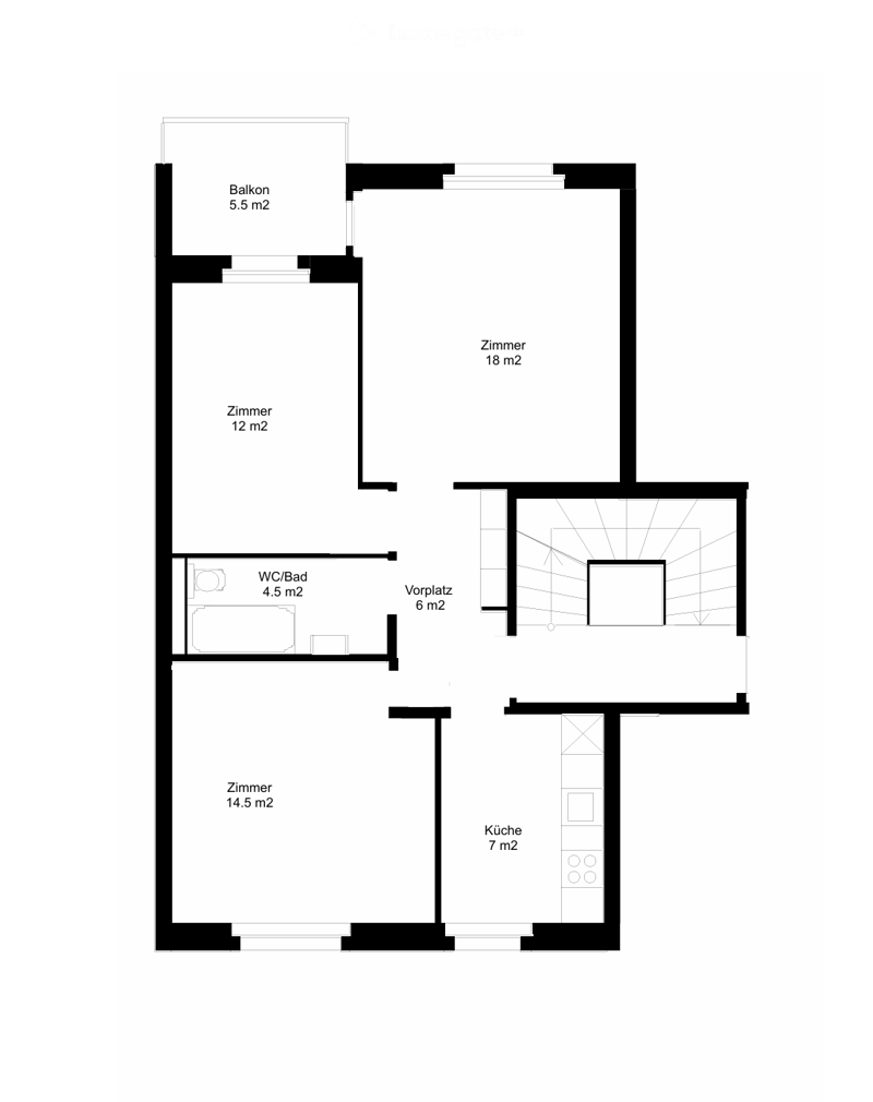 Floor plan showing a kitchen, three bedrooms, a bathroom, a hallway, and a balcony.