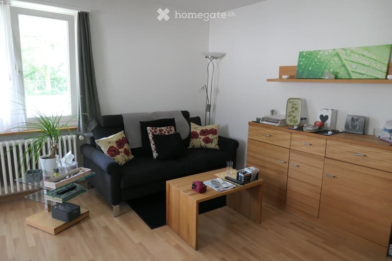 Modern living room with wooden flooring, large window, grey sofa with floral cushions, wooden coffee table, side table, floor lamp, and cabinet with decorative items.