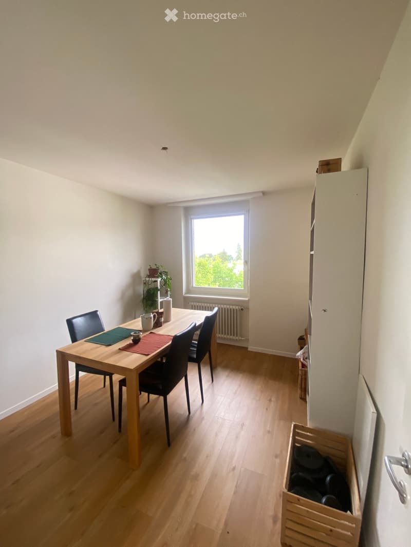 Dining room with wooden floor, large window, dining table with chairs, and a small plant on a shelf.