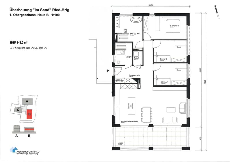 Floor plan of the first upper floor of House B, showing a kitchen-dining-living area, three bedrooms, two bathrooms, an entrance/lobby, and a loggia.