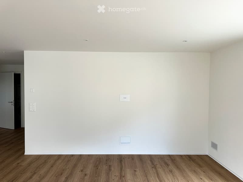 Empty room with light-colored walls and wooden flooring, featuring a door and electrical outlets.