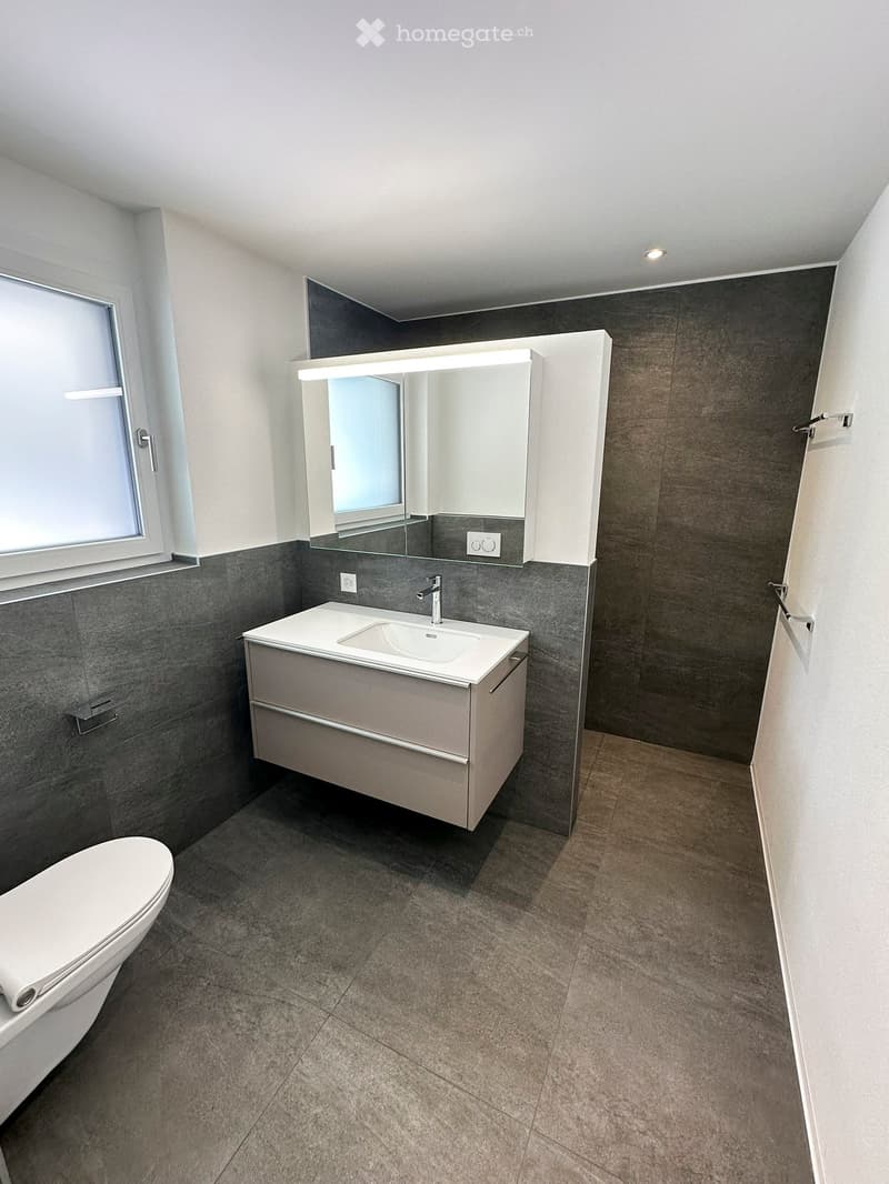 Modern bathroom with grey tiled walls, white sink, mirror, and toilet. Features a built-in cabinet and a window for natural light.