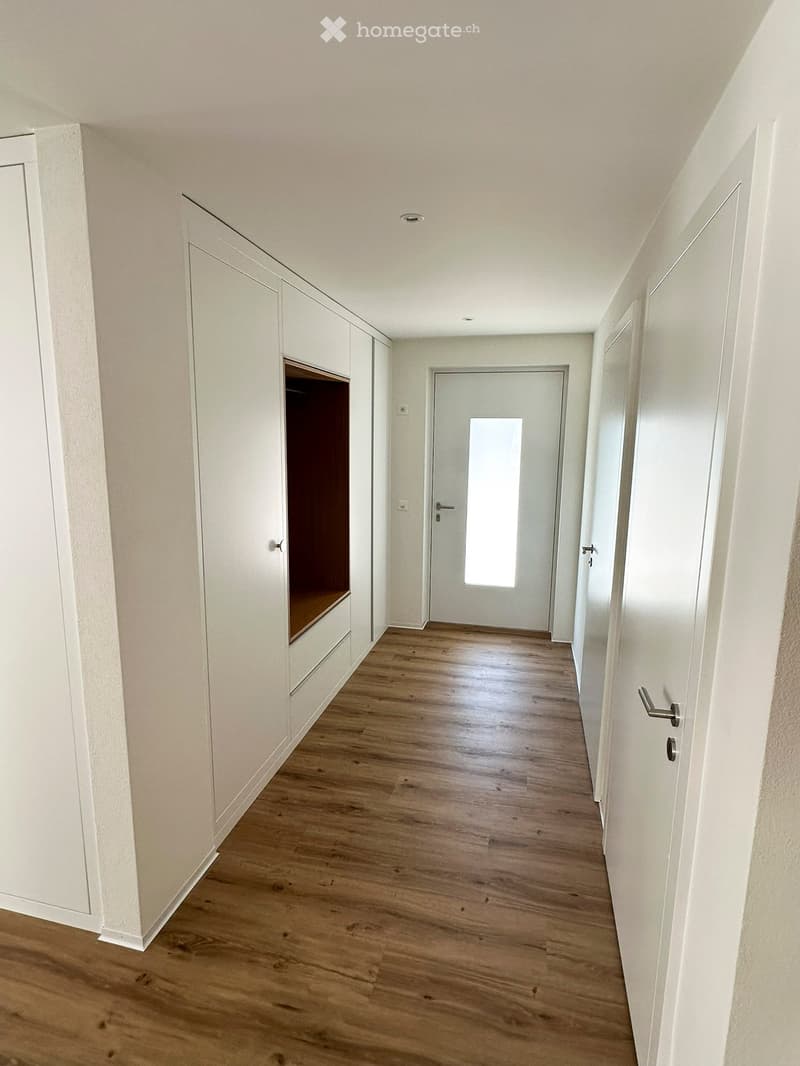 Empty hallway with light wooden flooring, white walls, built-in white cabinets on one side, and a closed door at the end.