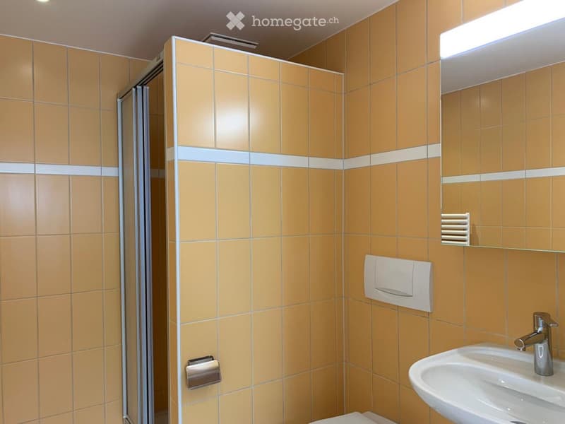 Modern bathroom with orange tiles, white grout lines, a sink with a modern faucet, a toilet, a shower stall, and a mirror with a built-in shelf.