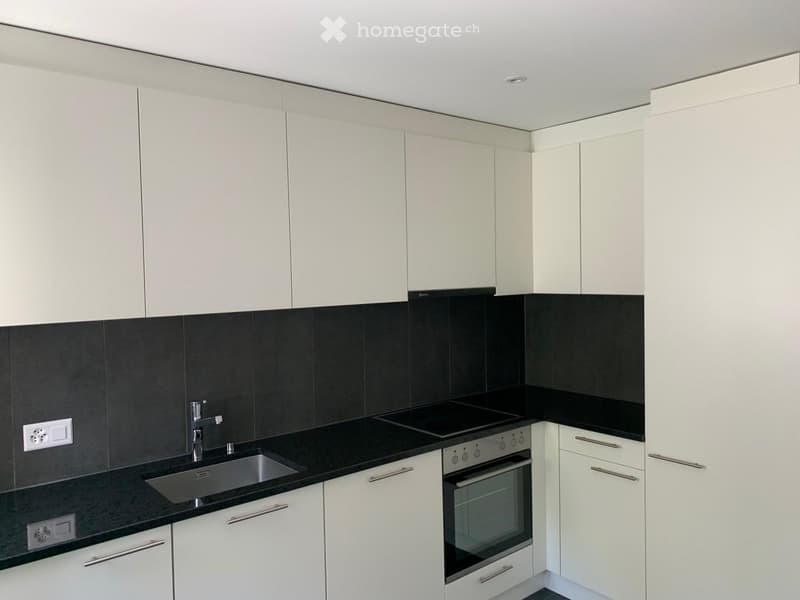 Modern kitchen with white cabinets, black countertops, stainless steel sink, and built-in oven.