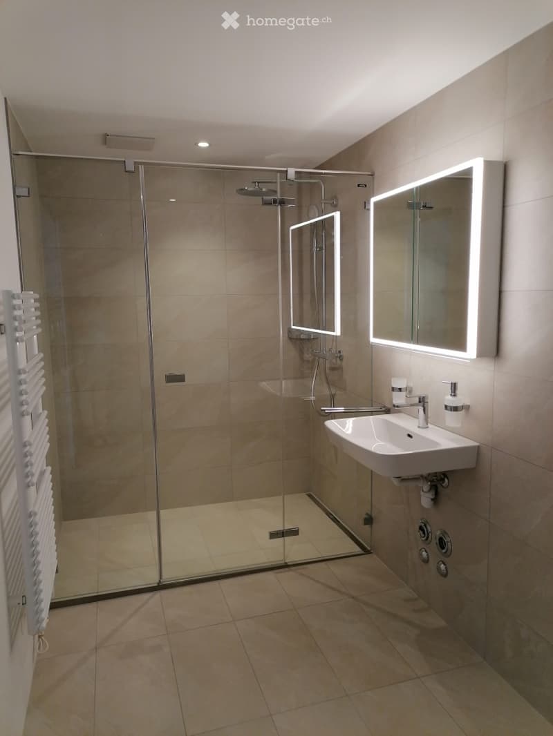 Modern bathroom with a glass-enclosed shower, a white sink with a modern faucet, and illuminated mirrors on the wall.