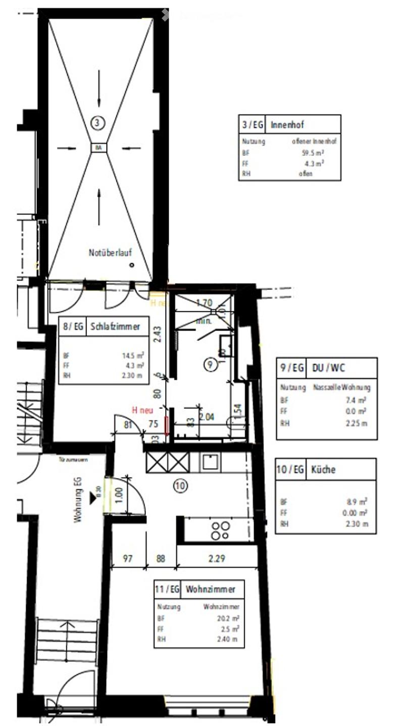 Floor plan of a multi-level building showing various rooms including a living room, kitchen, bedrooms, and bathrooms.