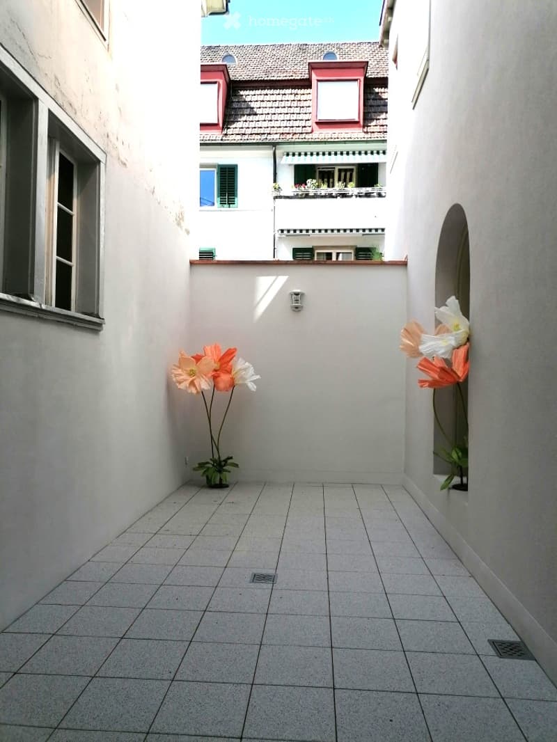 A narrow, tiled courtyard with white walls, two potted flowers in orange and white, and a view of a neighboring building with a red roof and windows.