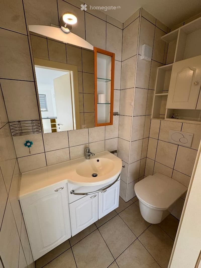 Modern bathroom with white tiles, a sink with a chrome faucet, a toilet, a mirrored cabinet with glass shelves, and a wall-mounted light fixture.