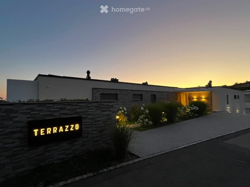 Modern two-story house with a stone facade, illuminated entrance, and landscaped garden area.