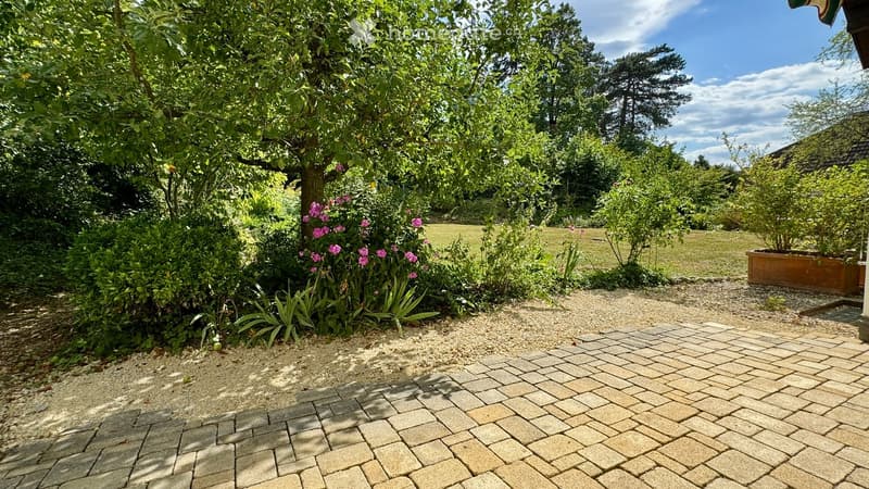 Garden area with gravel pathway, brick patio, flowering shrubs, and trees.