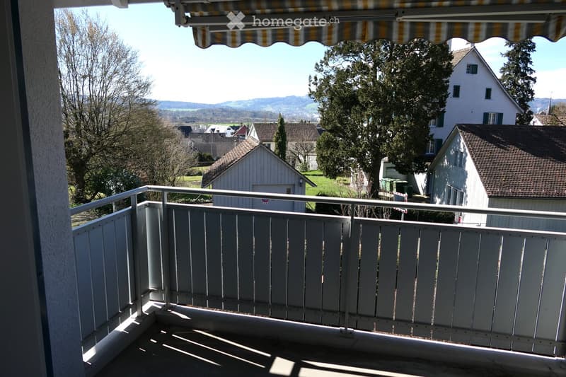Balcony with metal railings, striped awning, view of the neighborhood