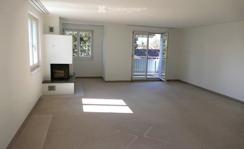 empty room, fireplace, balcony, windows, sliding door