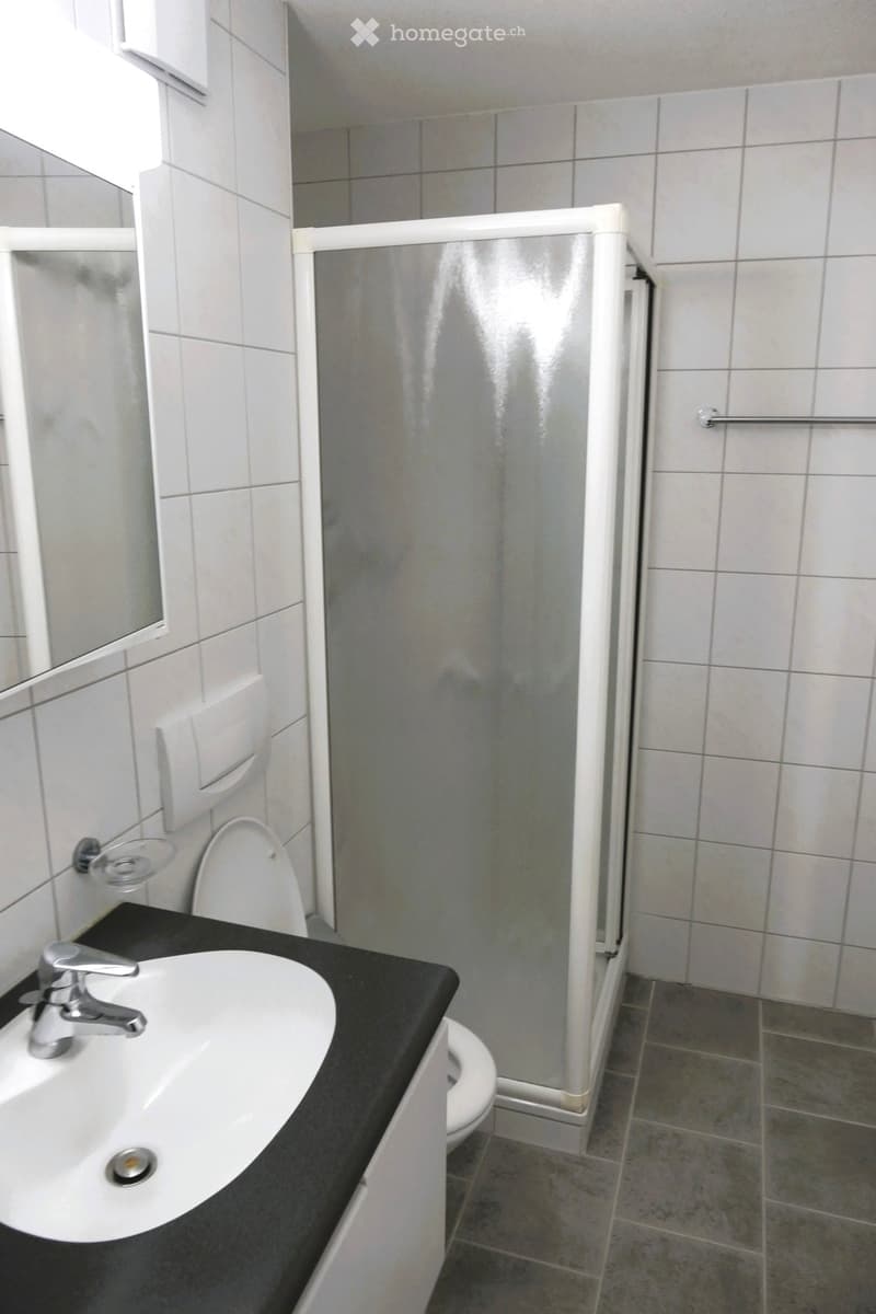 Bathroom with white tiles, a toilet, a shower, a sink, and a mirror.