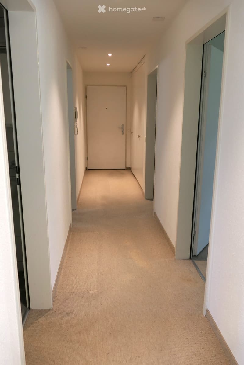 Empty hallway with white walls, beige carpet, and white doors.