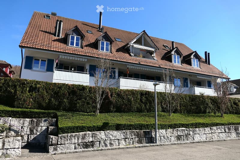 3 story house, brown roof, blue shutters, multiple balconies, stone wall, hedges, street lamp