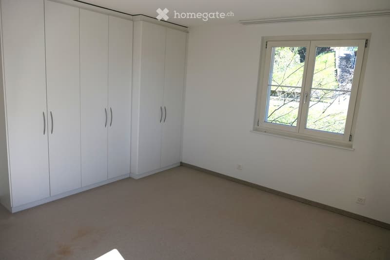 empty room, white walls, white wardrobes, window with view