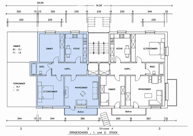 Floor plan of a two-story house with multiple rooms including living room, bedrooms, bathrooms, and kitchens. Features two balconies.