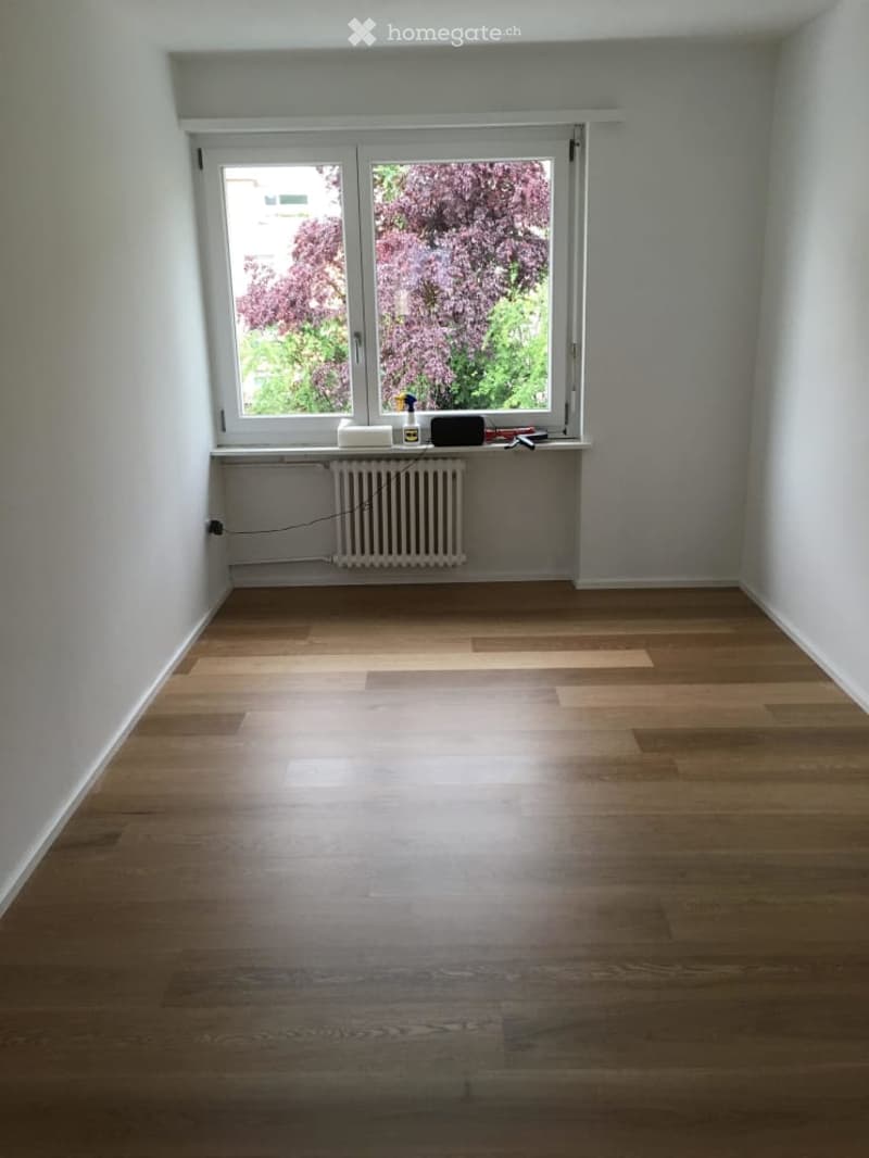 Empty room with wooden flooring, white walls, and a large window with a view of greenery. A radiator is visible below the window, and a small shelf holds a few items.
