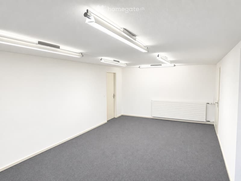Empty room with white walls, grey carpet, and fluorescent lighting. No furniture or equipment present.