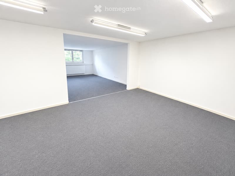 Empty room with grey carpet, white walls, and a window in the adjacent room.