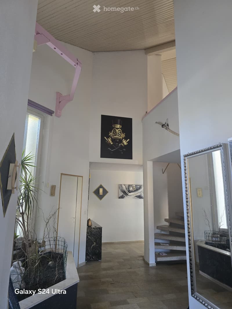 Bright, modern hallway with white walls, wooden ceiling, and tiled floor. Features include a staircase leading upwards, a large mirror on the right, a small plant in a pot on the left, and decorative artwork on the walls.