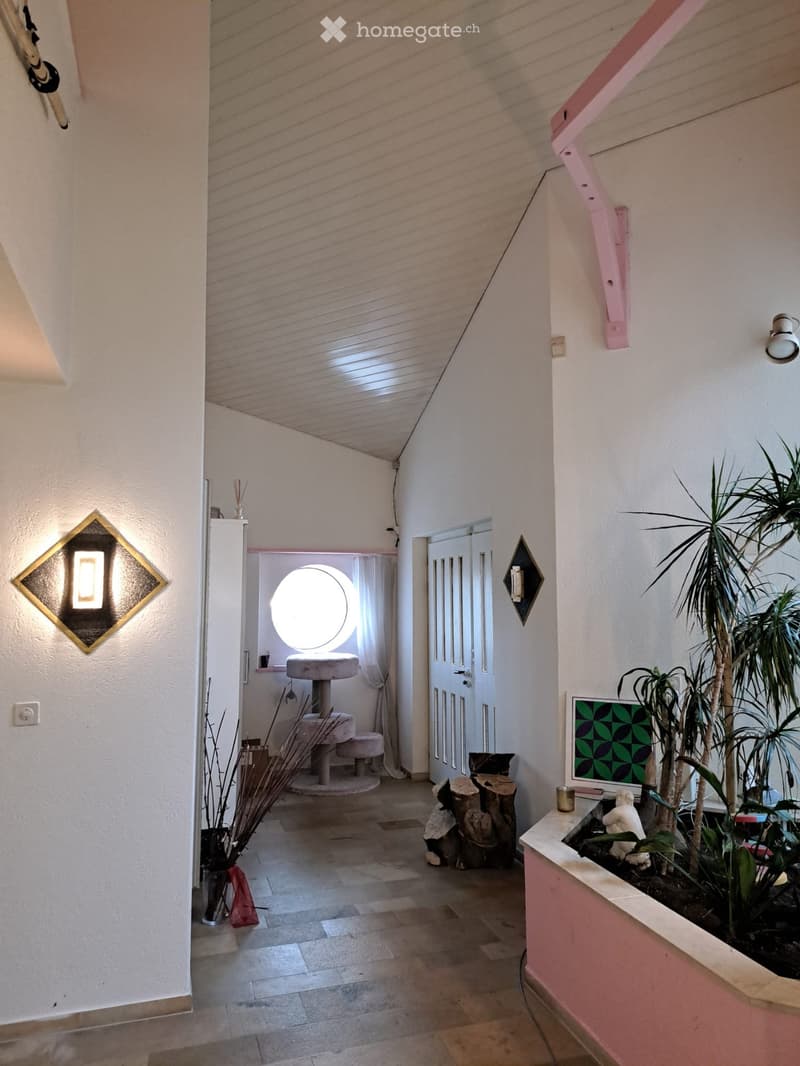 Bright hallway with tiled floor, white walls, decorative lighting fixtures, a small cat area with a round window, and a potted plant display on the right side.