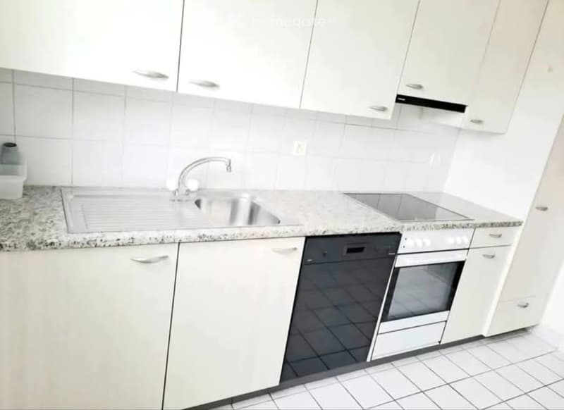 Modern kitchen with white cabinets, granite countertop, stainless steel sink, and built-in oven and dishwasher.
