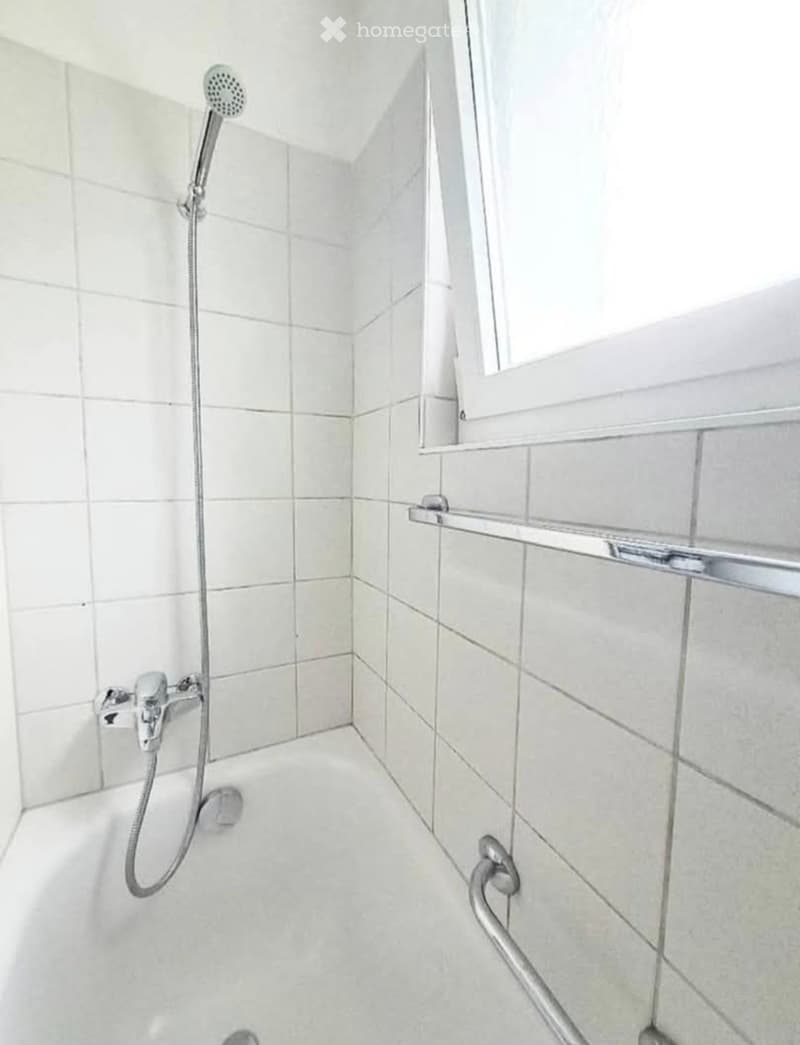 Clean, modern shower area with white tiled walls and floor, featuring a handheld showerhead, a faucet, and a handrail for safety.