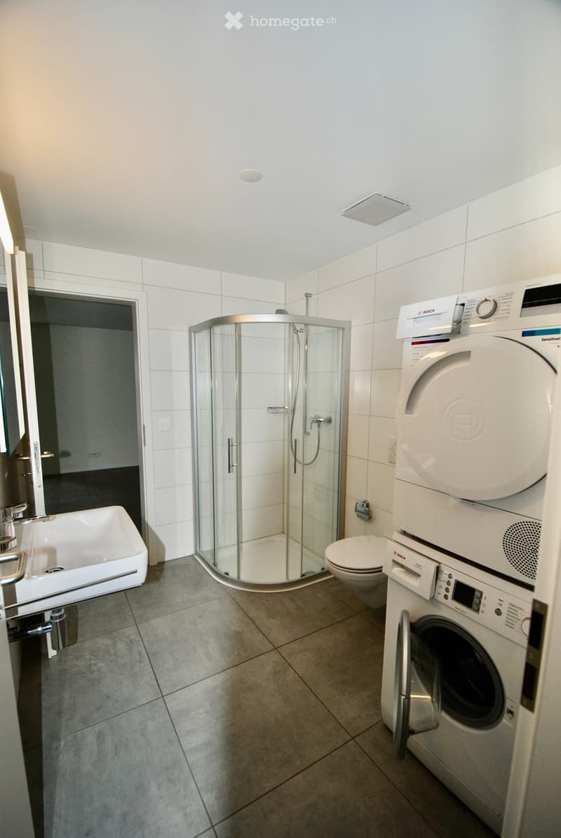 white tiles, glass shower enclosure, white sink, white toilet, white washer dryer, white wall, grey tile floor