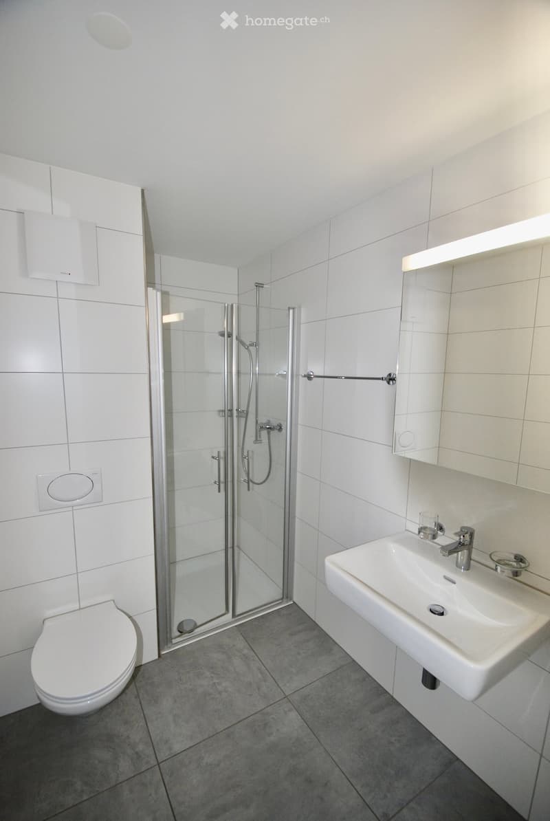 Modern bathroom with shower, toilet, sink, and mirror, white tiles, modern fixtures